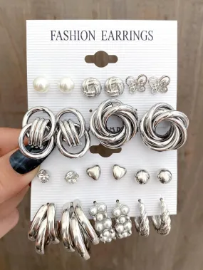 11pairs rhinestones & faux pearl decor earrings in silver