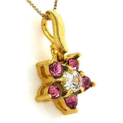 18K Yellow Gold-Plated Flower Shape Pink Color Stone German Silver Pendant Charm