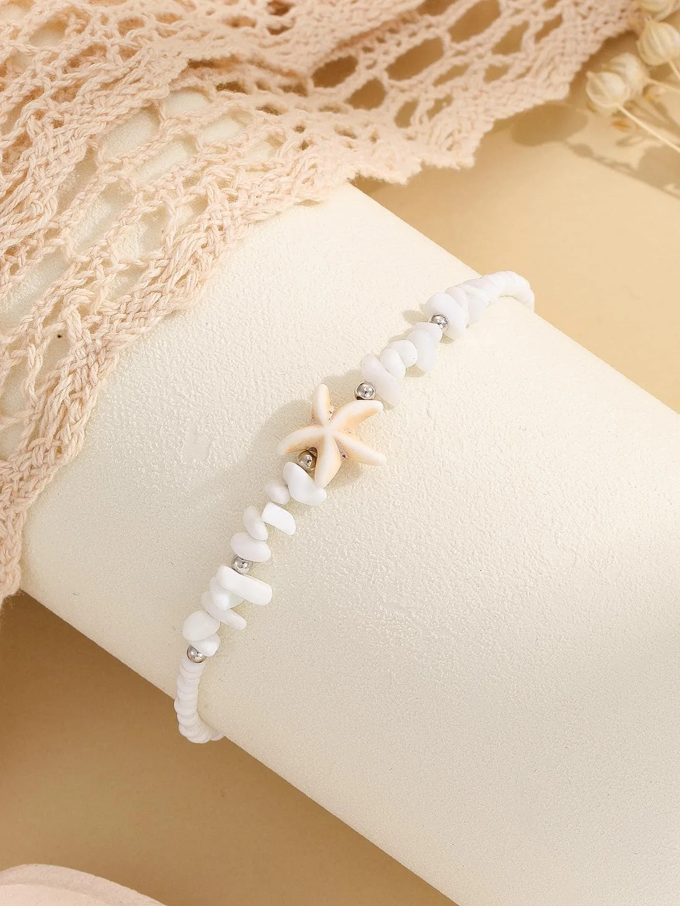 1pc Vacation Starfish Decor White Stone Beaded Anklet For Women For Beach Travel