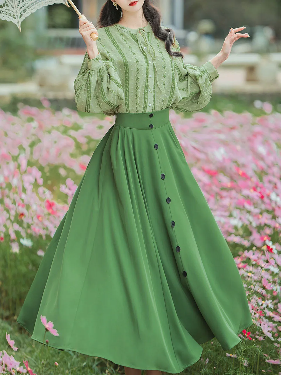 2PS 1950S Light Green Embroidered Long Sleeve Shirt And Dark Green Swing Skirt Suit