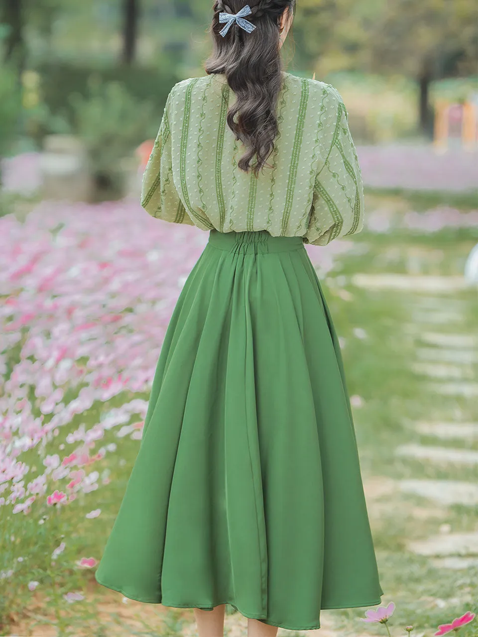 2PS 1950S Light Green Embroidered Long Sleeve Shirt And Dark Green Swing Skirt Suit