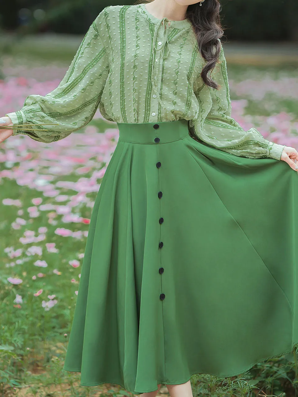 2PS 1950S Light Green Embroidered Long Sleeve Shirt And Dark Green Swing Skirt Suit