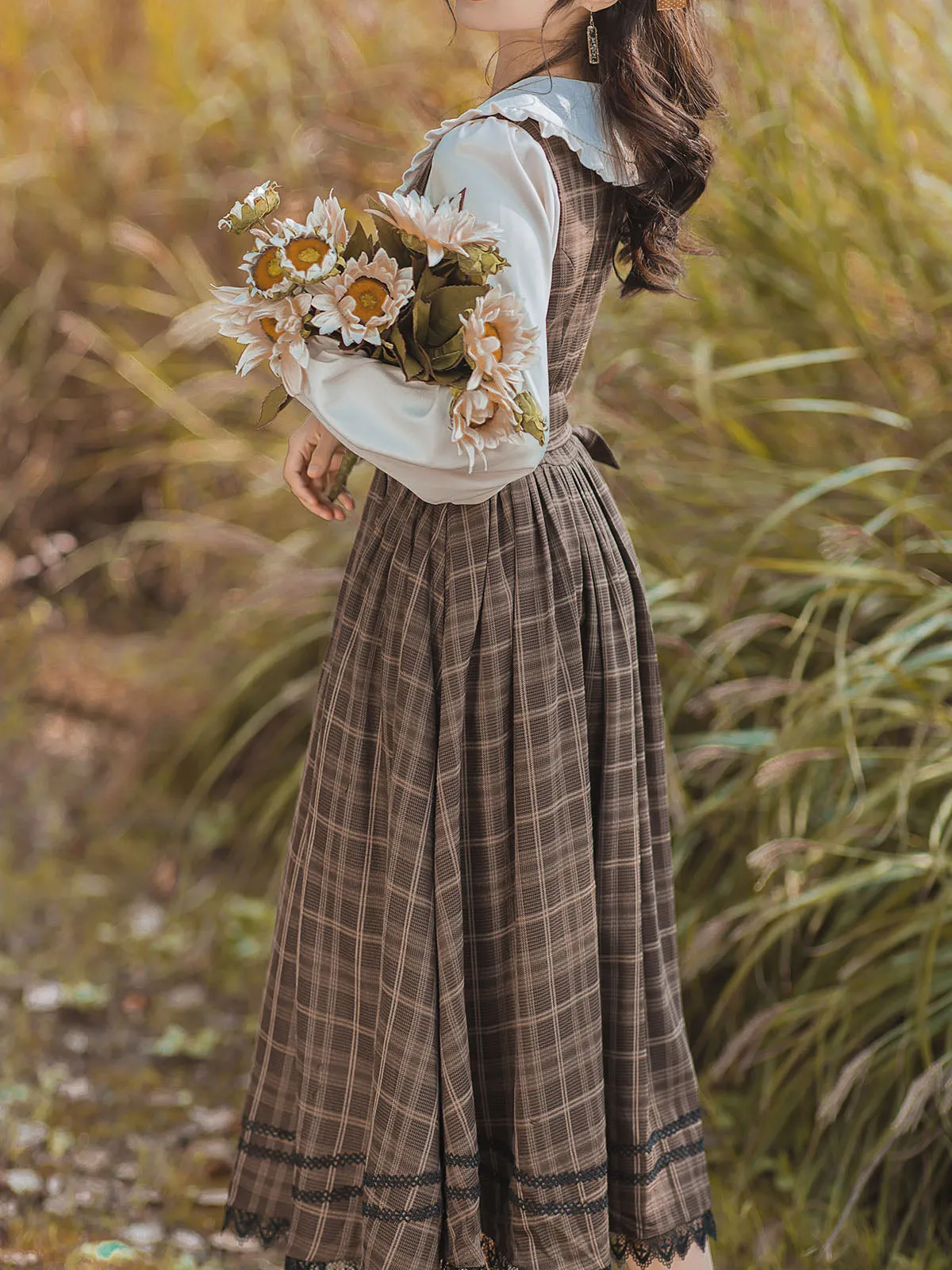 2PS 1950S Regina Peter Pan Collar Long Sleeve Shirt And Plaid Lace Sundress Dress Suit