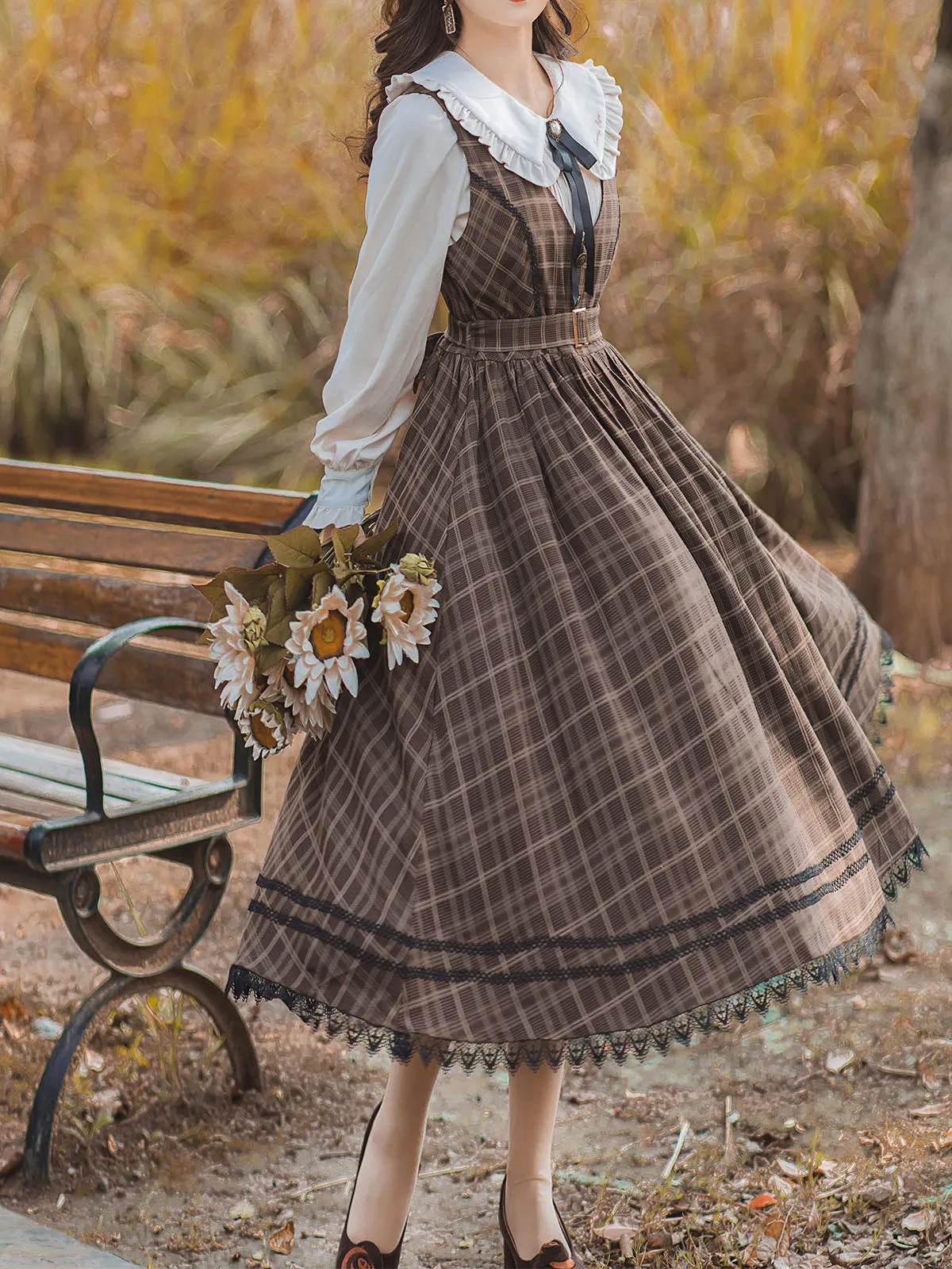 2PS 1950S Regina Peter Pan Collar Long Sleeve Shirt And Plaid Lace Sundress Dress Suit