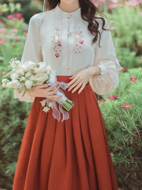 2PS 1950S White Cat Embroidered Long Sleeve Shirt And Orange Swing Skirt Suit