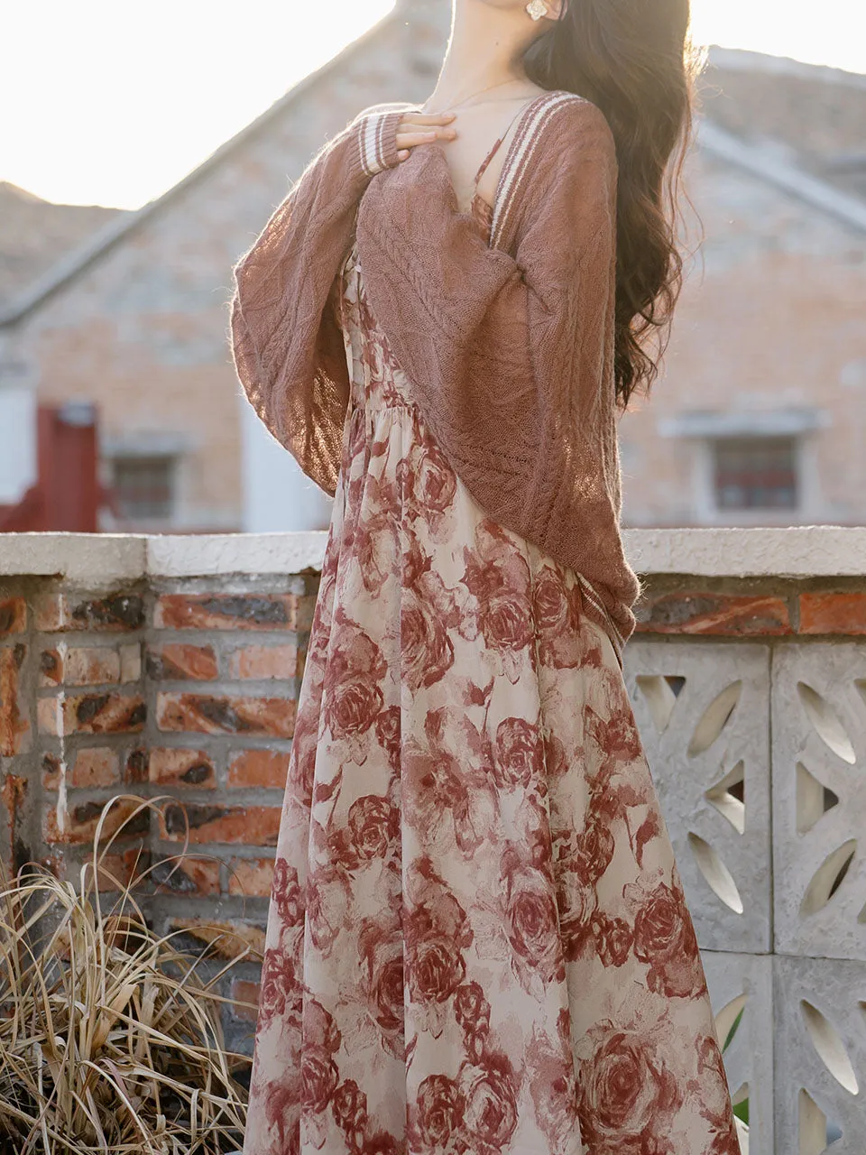 2PS Coffee Knitted Cardigan With Rose Print Spaghetti Strap 50S Vintage Dress Set