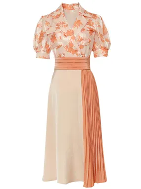 2PS Orange Puff Short Sleeve Top And High Waist Pleated Splicing Large Swing Skirt Set