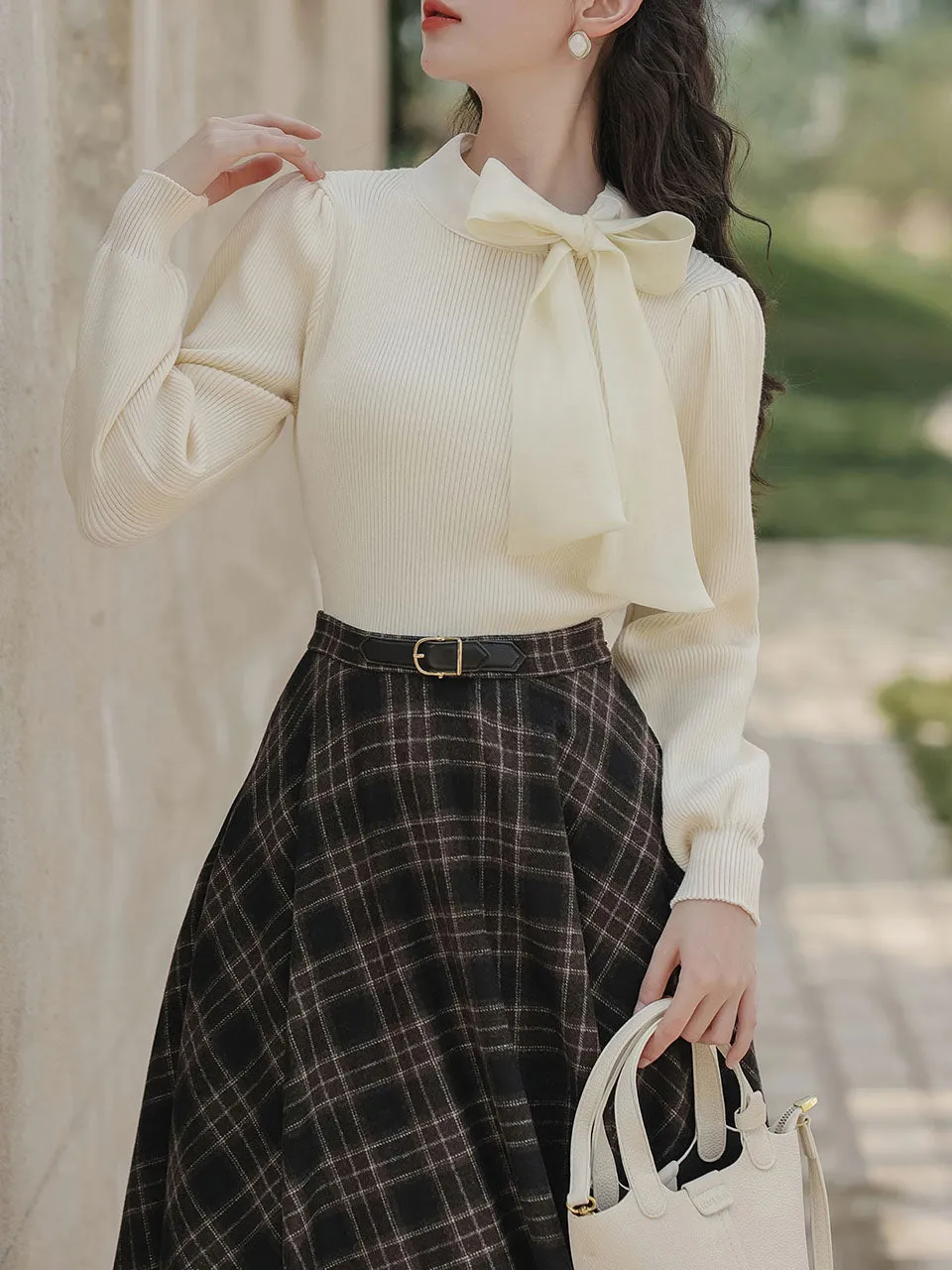 2PS White Bow Knitted Sweater Top With Plaid Skirt Vintage 1950s Suits