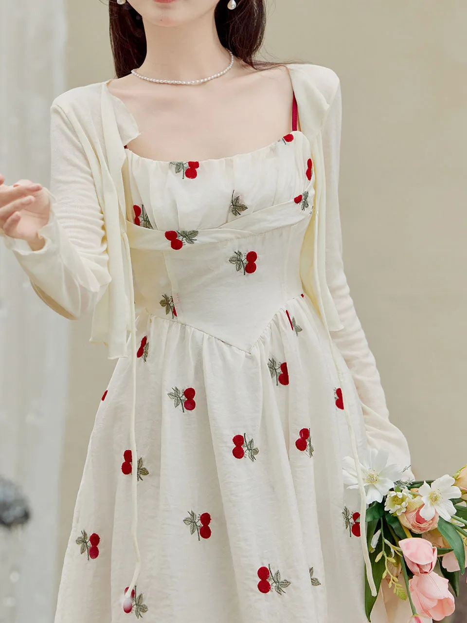 2PS White Cherry Print Spaghetti Strap Dress With White Shawl Dress Suit