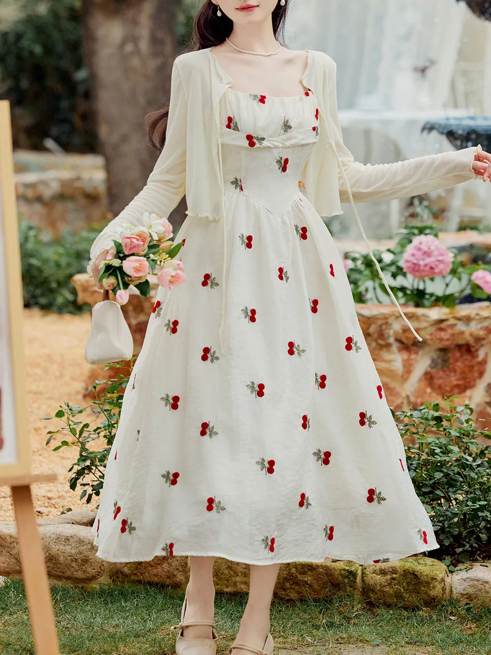 2PS White Cherry Print Spaghetti Strap Dress With White Shawl Dress Suit