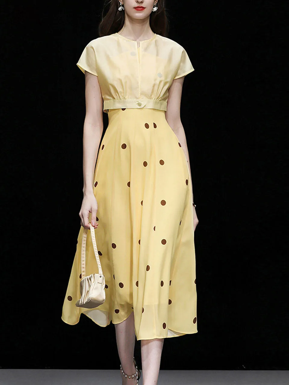 2PS Yellow 1950S Vintage Classic Coat And Spaghetti Strap Polka Dots Dress Suit