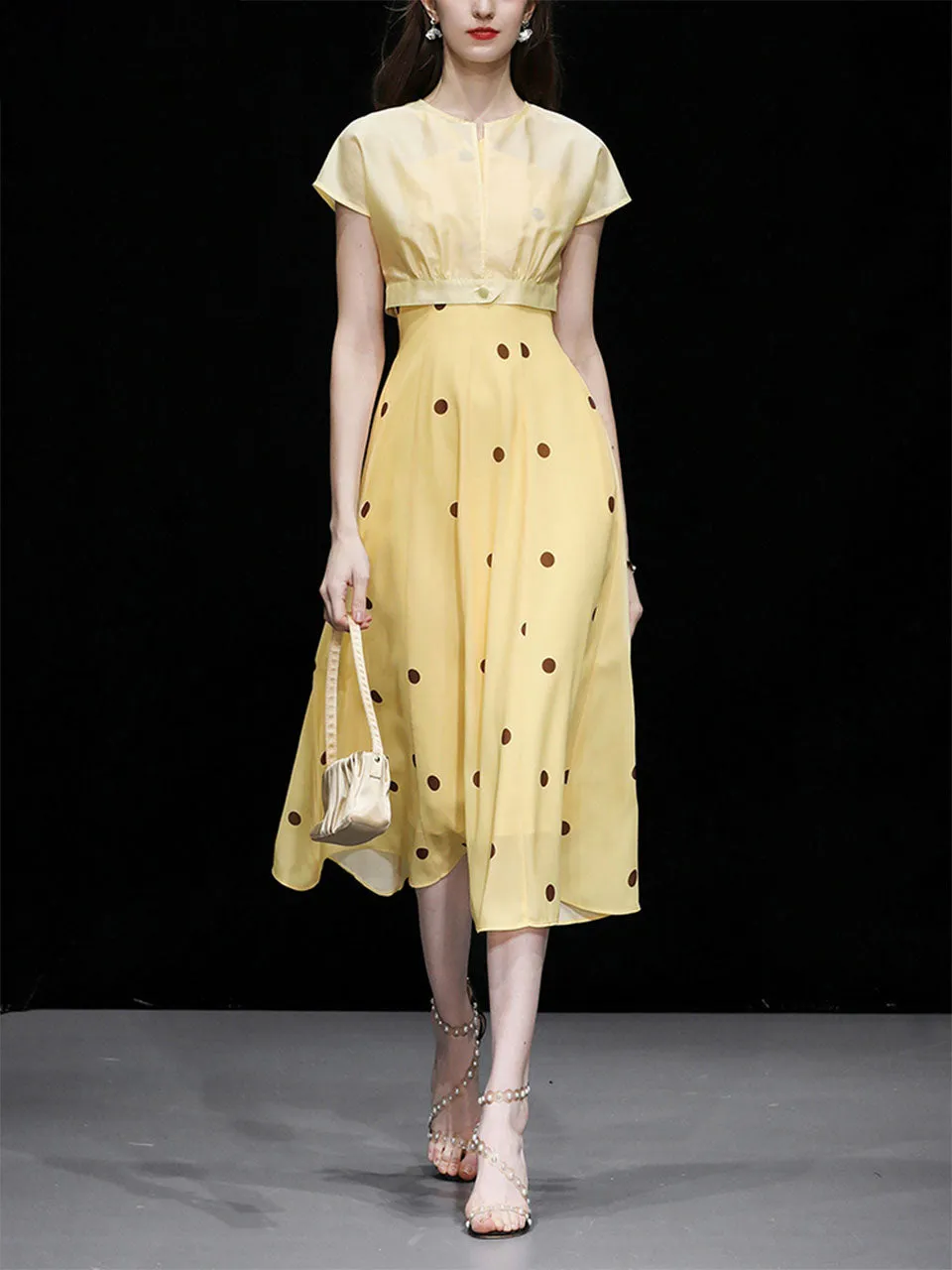 2PS Yellow 1950S Vintage Classic Coat And Spaghetti Strap Polka Dots Dress Suit