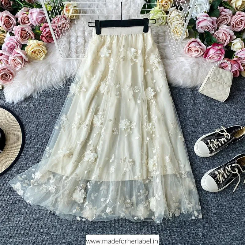 3D Flower Embroidered Tulle Skirt