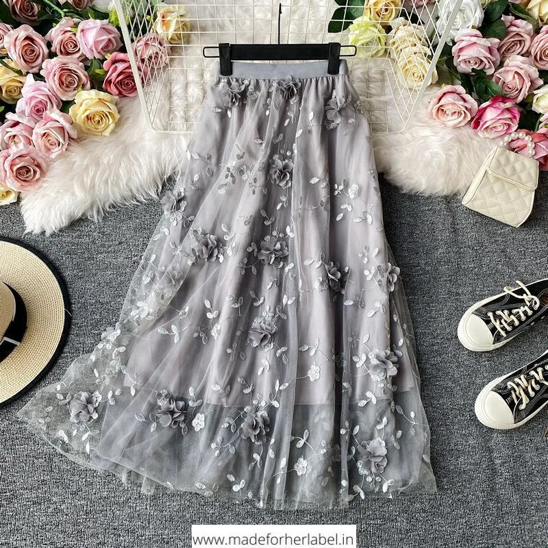 3D Flower Embroidered Tulle Skirt