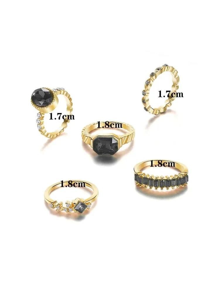 5pcs set rhinestone decor rings in black