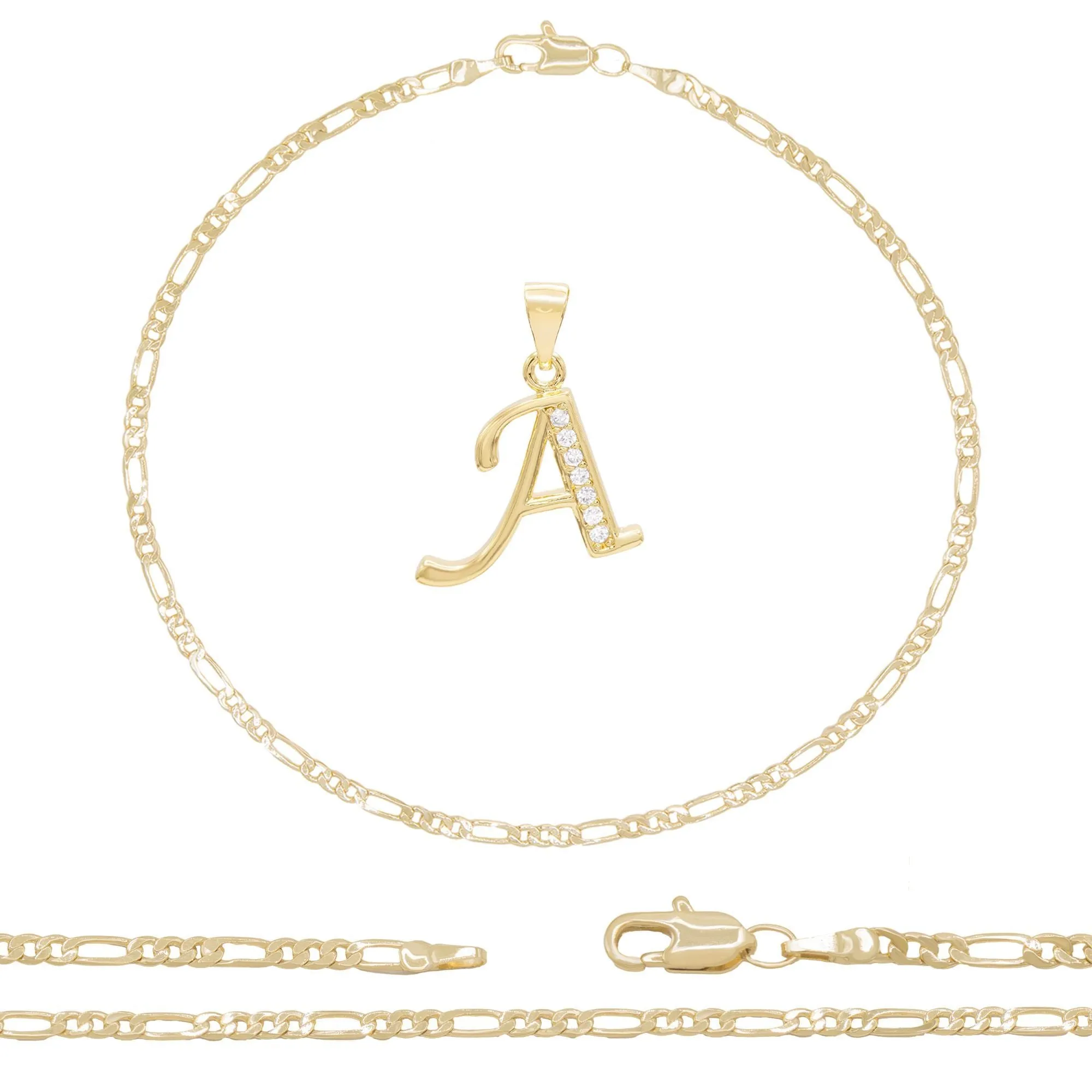 A-Z Initial Letter Pendant 14K Gold Filled Cubic Zirconia Figaro Chain Anklet 10" Set CZ Charm Foot Bracelet 2.4 mm Female Women Girl