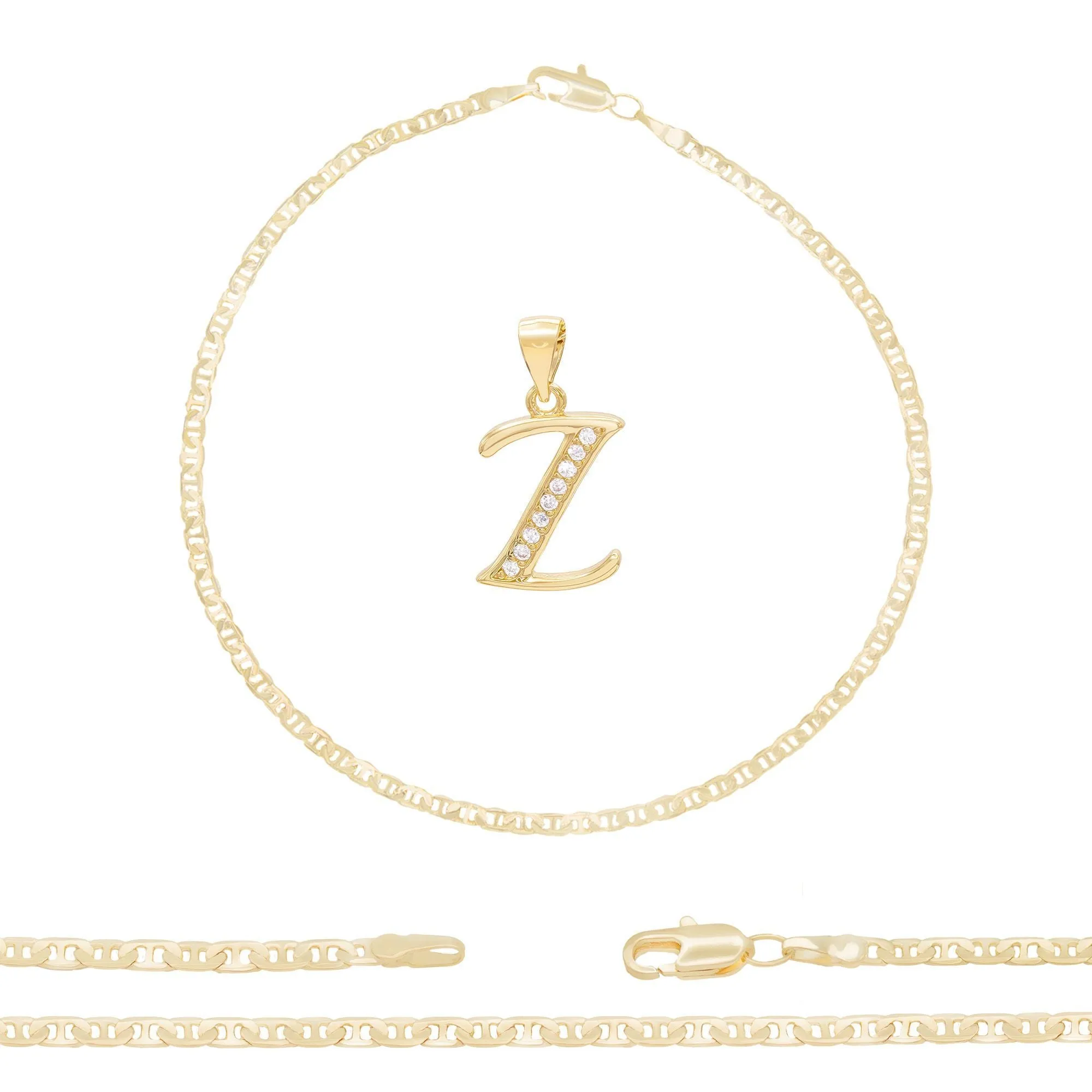 A-Z Initial Letter Pendant 14K Gold Filled Cubic Zirconia Mariner Chain Anklet 10" Set CZ Charm Foot Bracelet 3 mm Female Women Girl