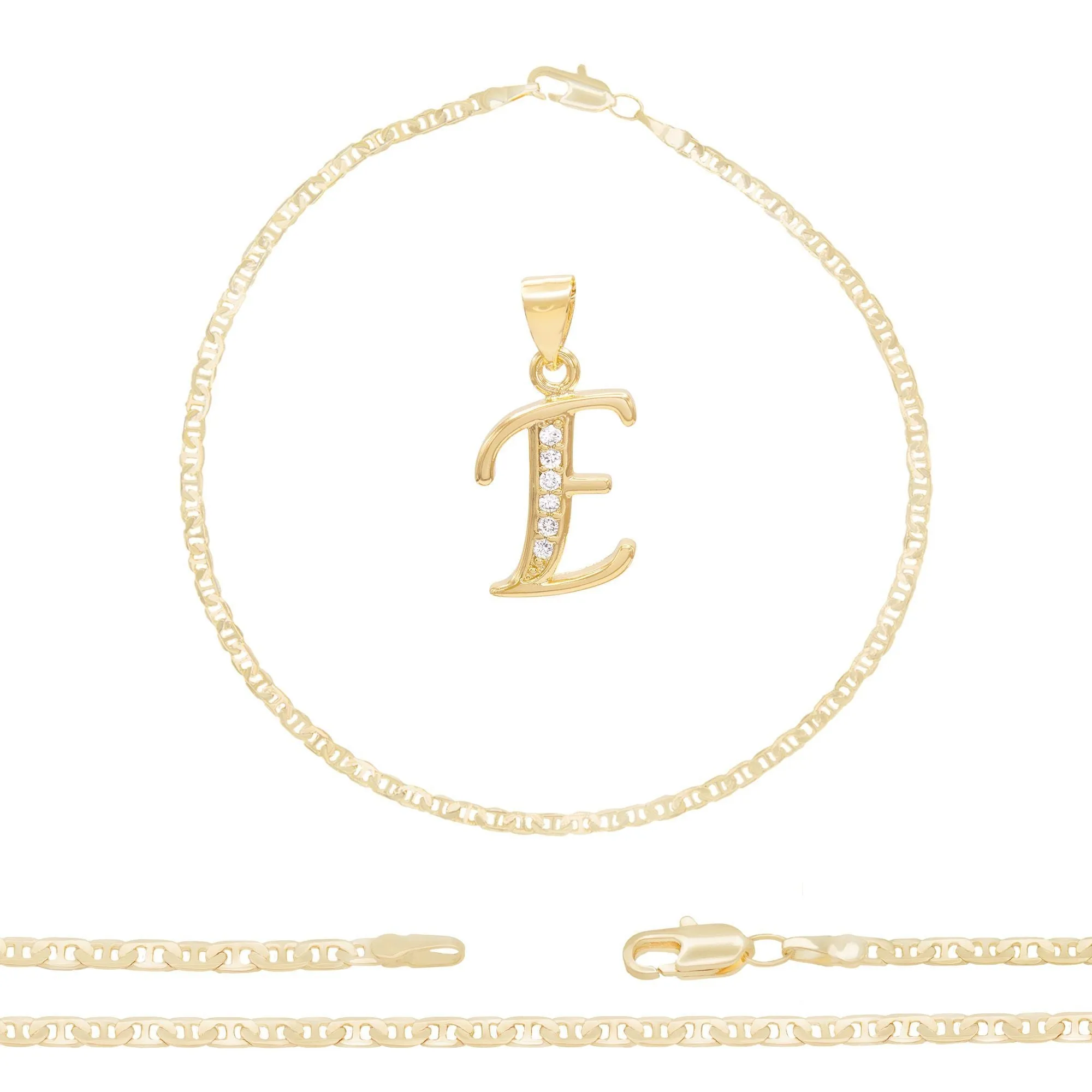 A-Z Initial Letter Pendant 14K Gold Filled Cubic Zirconia Mariner Chain Anklet 10" Set CZ Charm Foot Bracelet 3 mm Female Women Girl