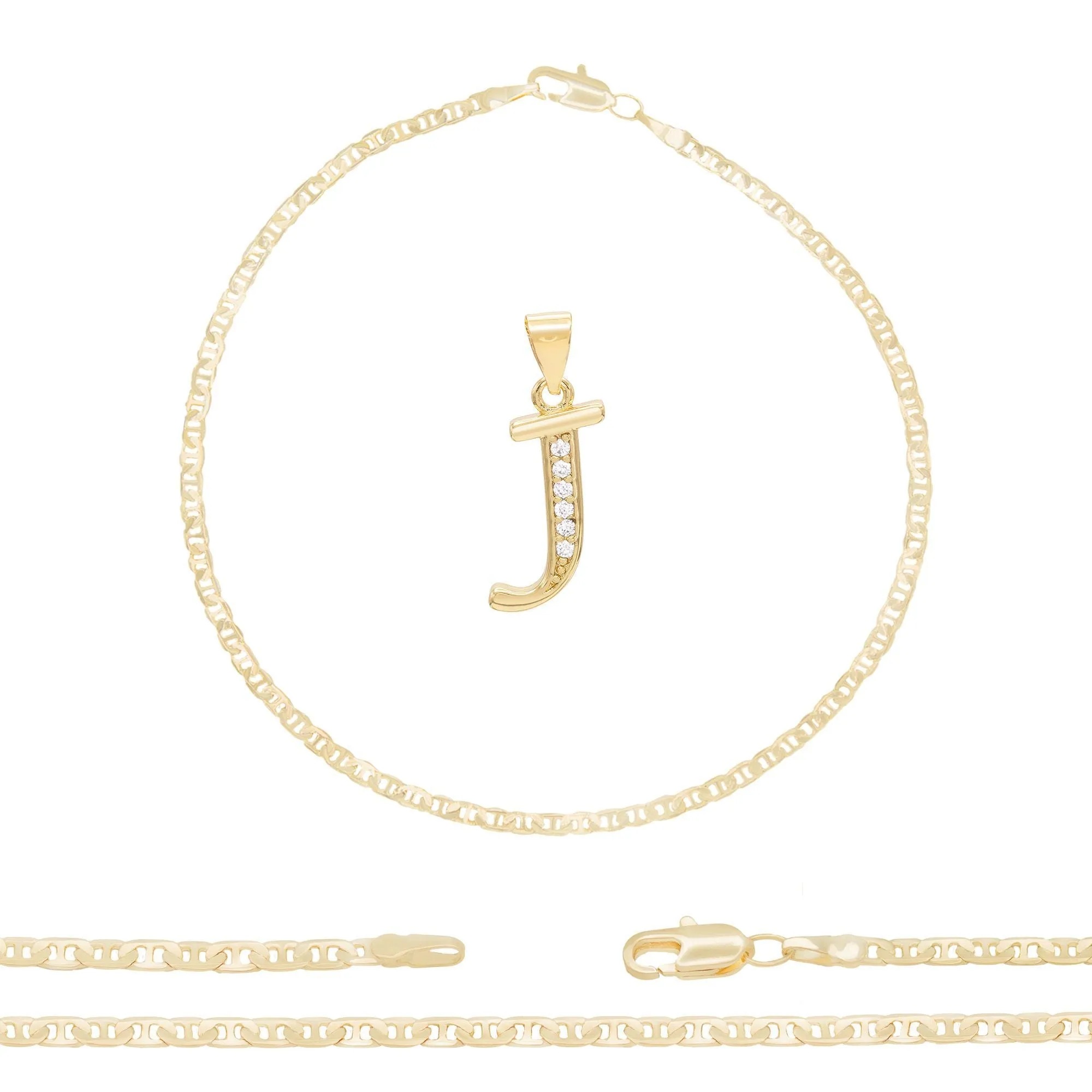 A-Z Initial Letter Pendant 14K Gold Filled Cubic Zirconia Mariner Chain Anklet 10" Set CZ Charm Foot Bracelet 3 mm Female Women Girl