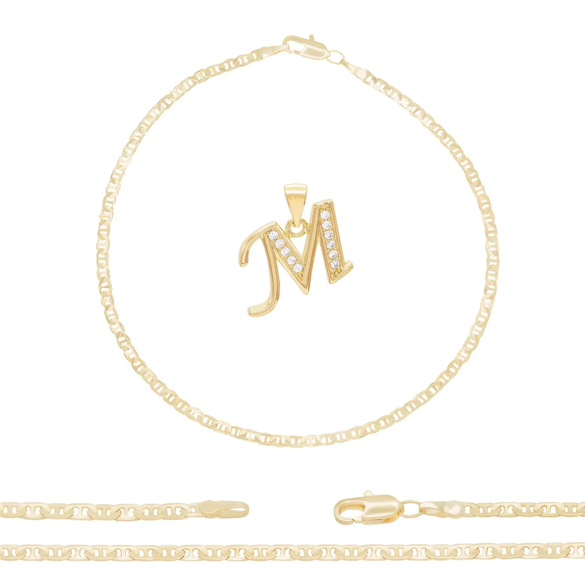 A-Z Initial Letter Pendant 14K Gold Filled Cubic Zirconia Mariner Chain Anklet 10" Set CZ Charm Foot Bracelet 3.2 mm Female Women Girl