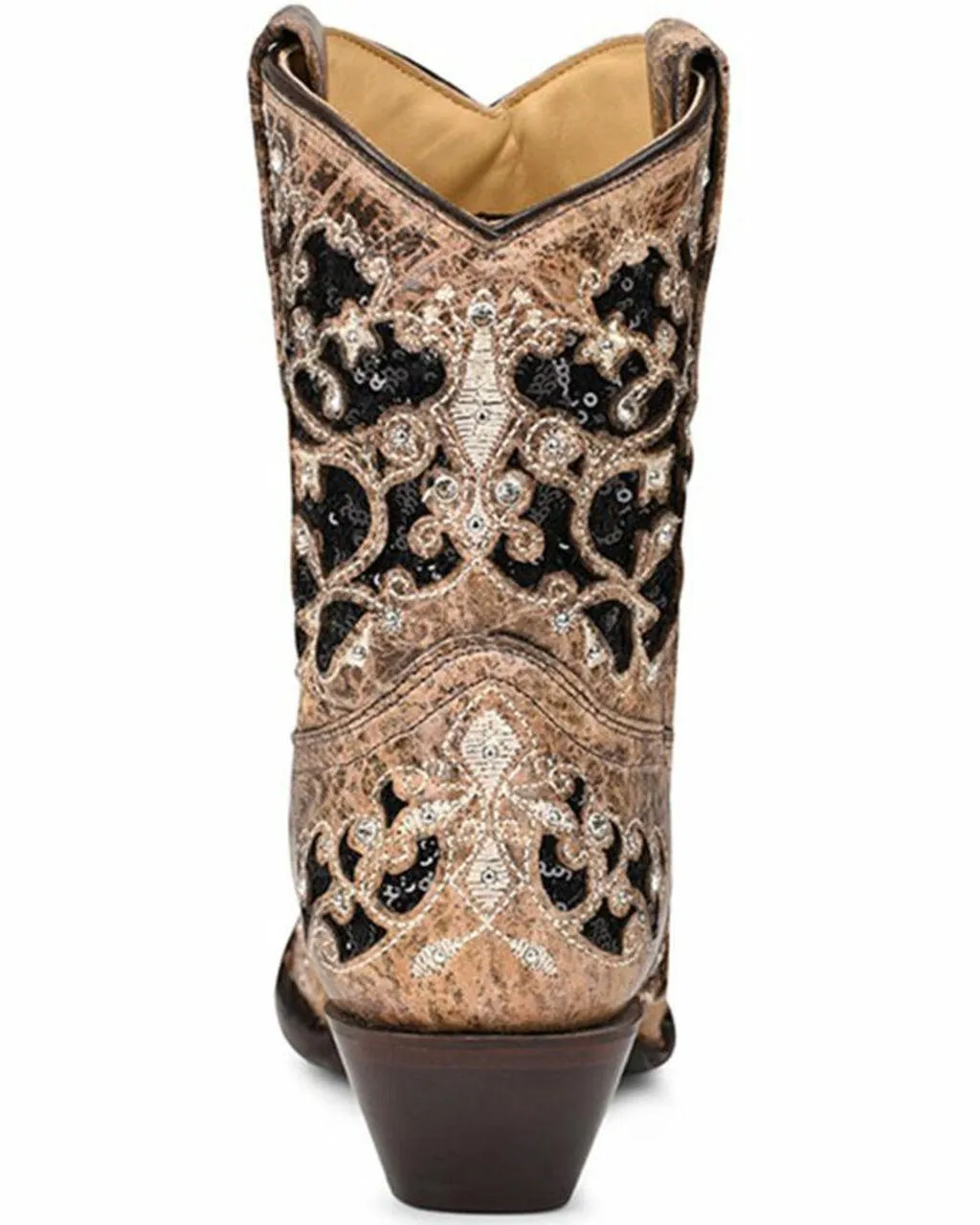 A4190 BROWN INLAY & EMBROIDERY & STUDS & CRYSTALS ANKLE BOOTS FOR WOMEN