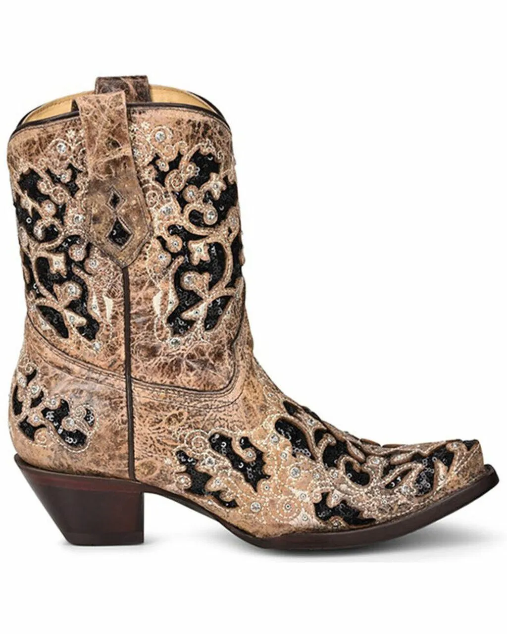 A4190 BROWN INLAY & EMBROIDERY & STUDS & CRYSTALS ANKLE BOOTS FOR WOMEN