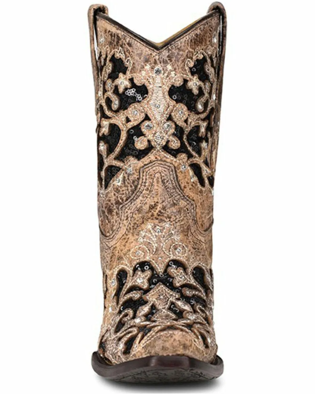 A4190 BROWN INLAY & EMBROIDERY & STUDS & CRYSTALS ANKLE BOOTS FOR WOMEN