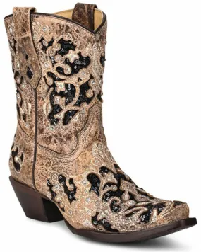 A4190 BROWN INLAY & EMBROIDERY & STUDS & CRYSTALS ANKLE BOOTS FOR WOMEN