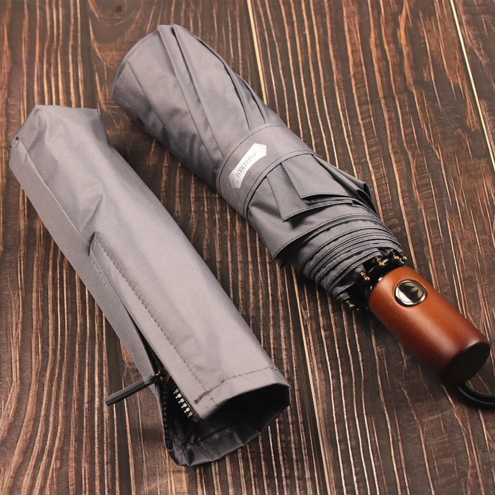 Automatic ten-bone umbrella solid wood handle.