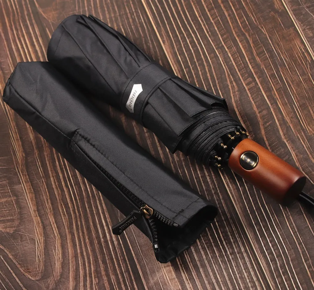 Automatic ten-bone umbrella solid wood handle.