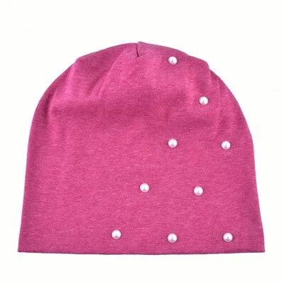 Autumn Fashion Cotton Pearl Knitted Beanie Caps for Women