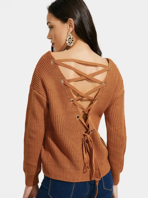 AZULINA Boho V Neck Back Lace Up Pullover Sweater Women Mustard Long Sleeve Casual Jumper Fall 2017 Fashion Sexy Loose Sweater