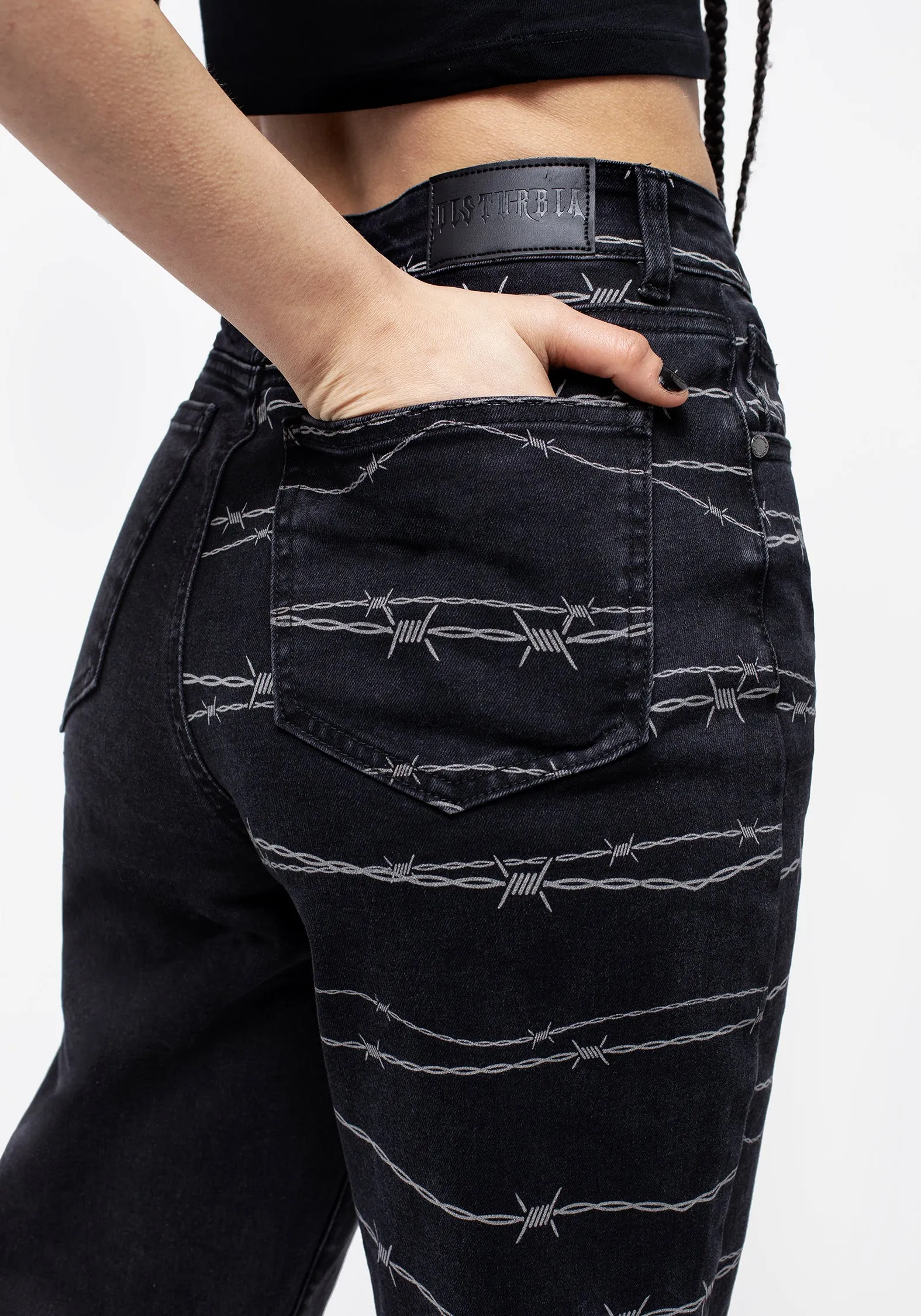 Distressed Mom Jeans with Barbed Wire Splice Detail