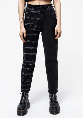 Distressed Mom Jeans with Barbed Wire Splice Detail