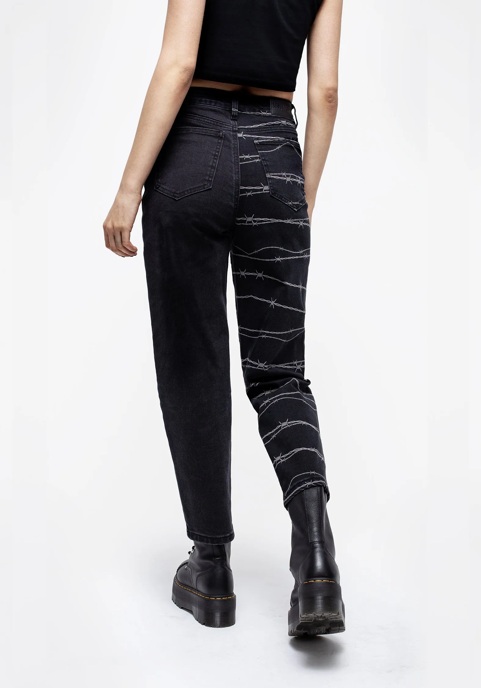 Distressed Mom Jeans with Barbed Wire Splice Detail