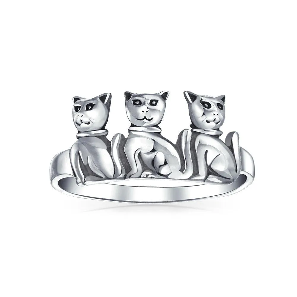 BFF Three Best Friends Family Kitten Cat Ring Band .925 Sterling Silver