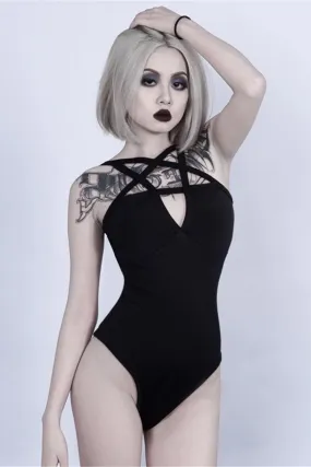 Black Pentagram Crisscross Backless Bodysuit