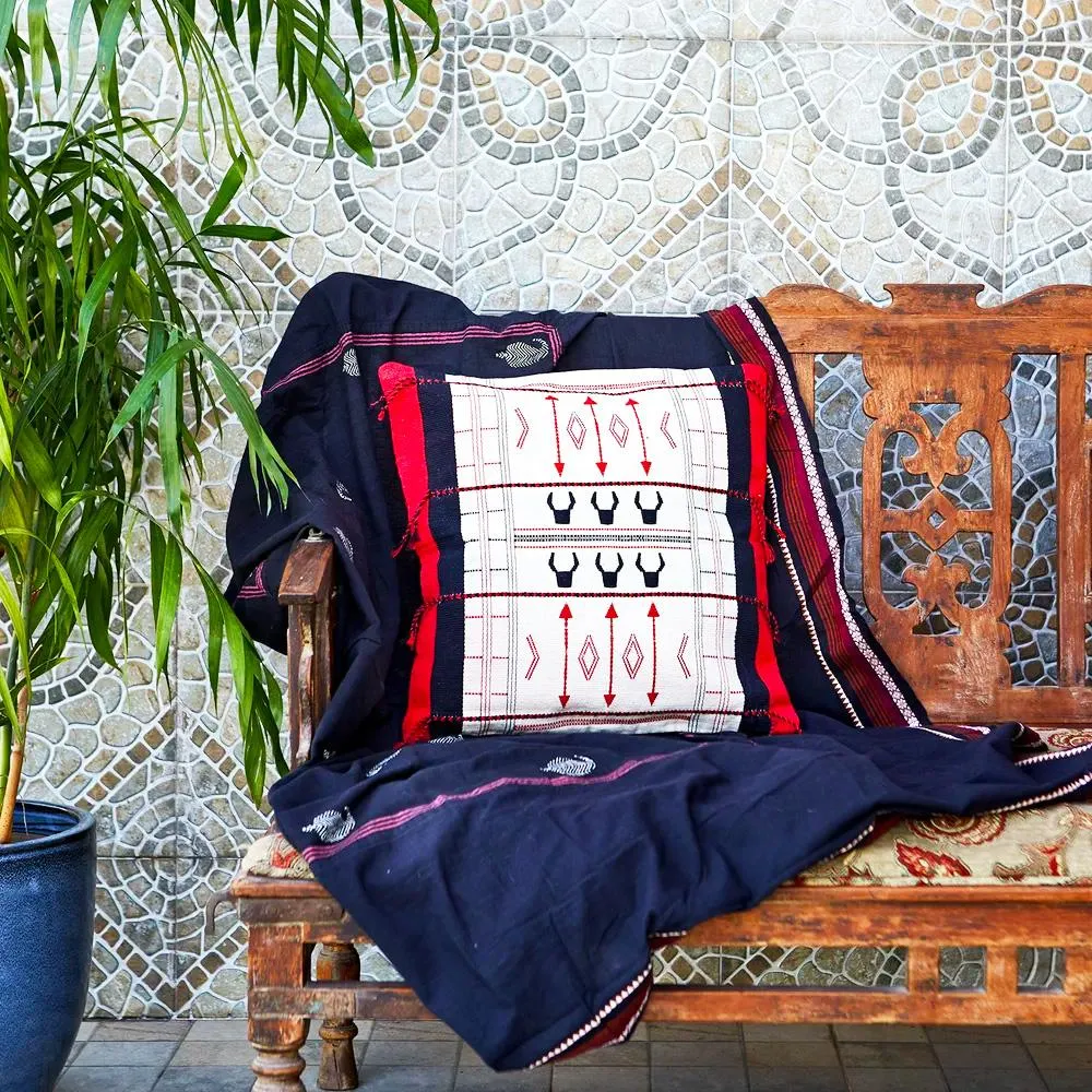 Black, White & Red Handwoven Cushion Cover with Bison Motif