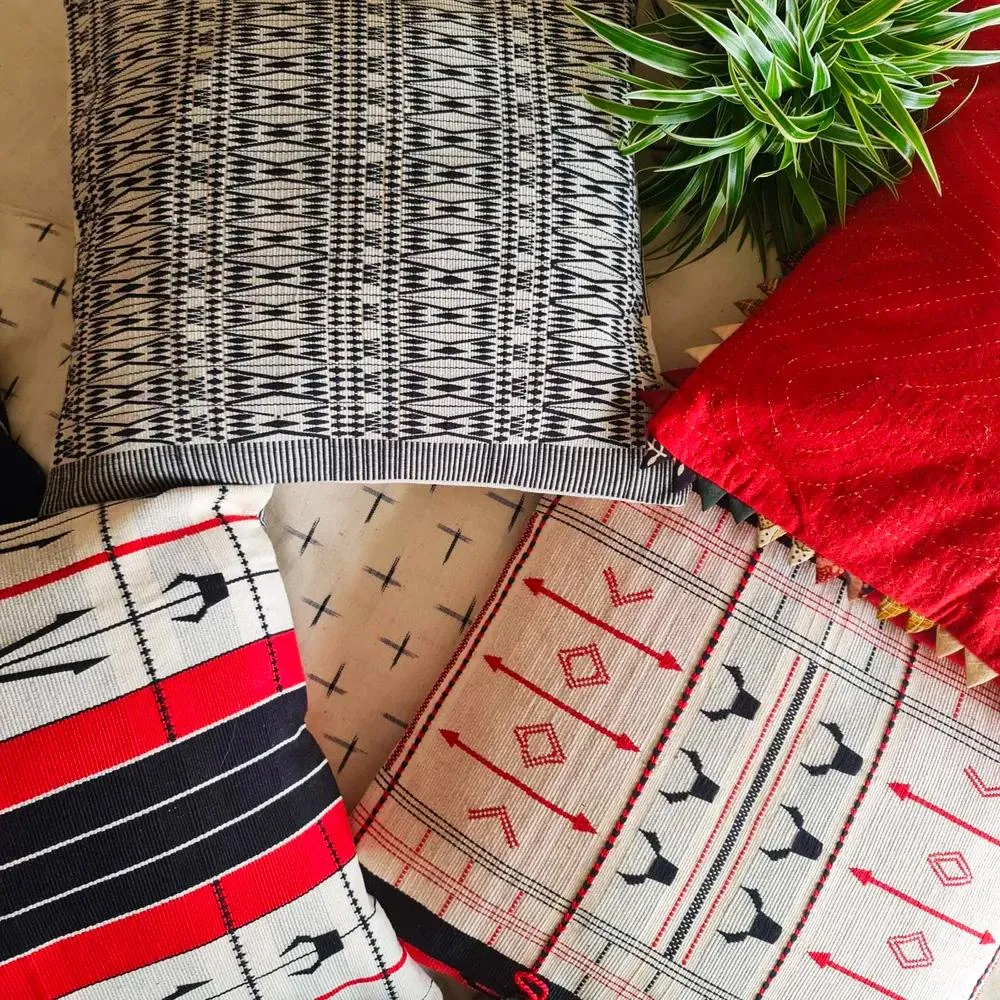 Black, White & Red Handwoven Cushion Cover with Bison Motif