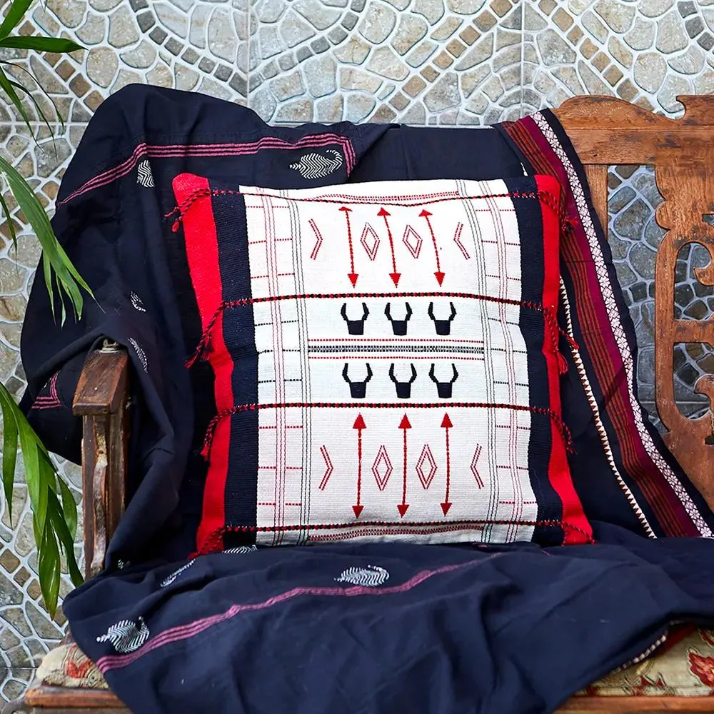 Black, White & Red Handwoven Cushion Cover with Bison Motif