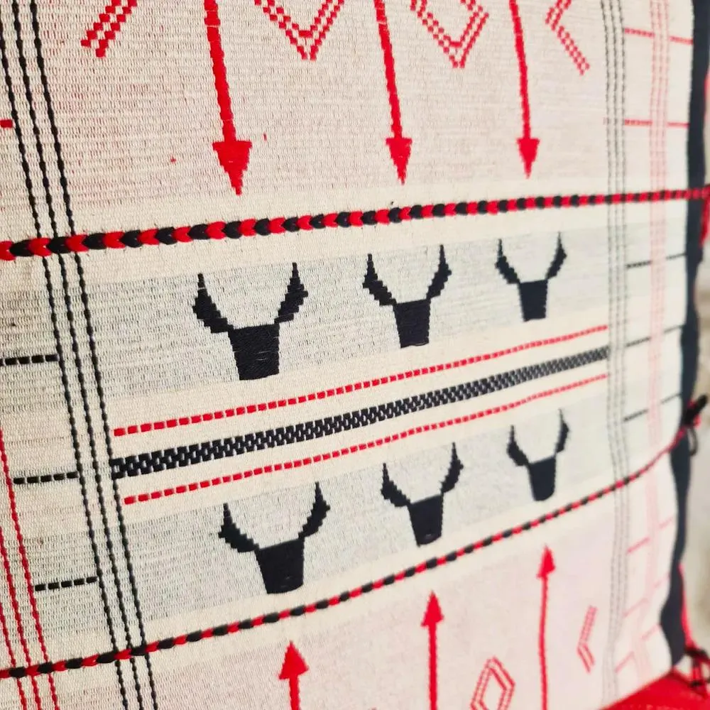 Black, White & Red Handwoven Cushion Cover with Bison Motif