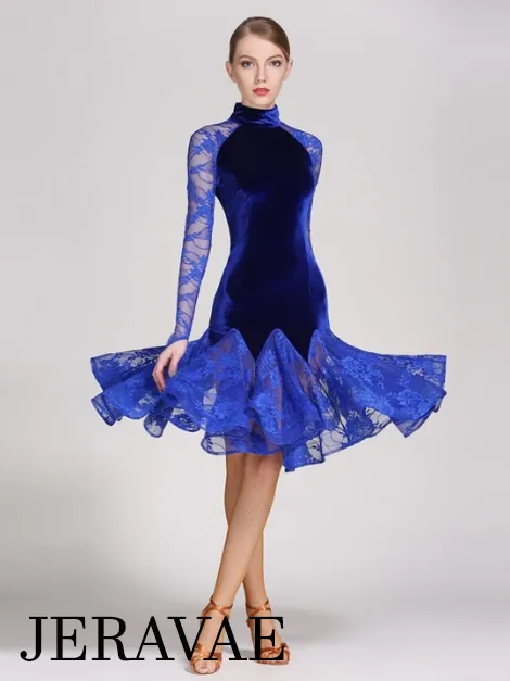 Blue Velvet and Lace Long Sleeve Latin/Rhythm Dress with High Classy Collar Pra118_in