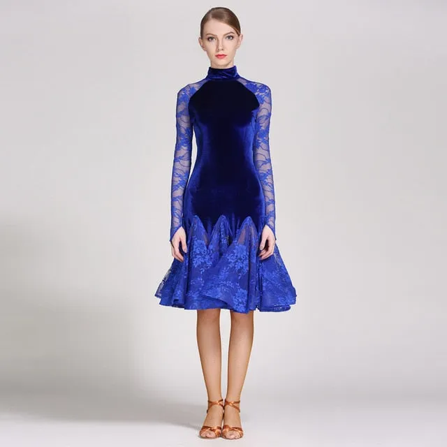 Blue Velvet and Lace Long Sleeve Latin/Rhythm Dress with High Classy Collar Pra118_in