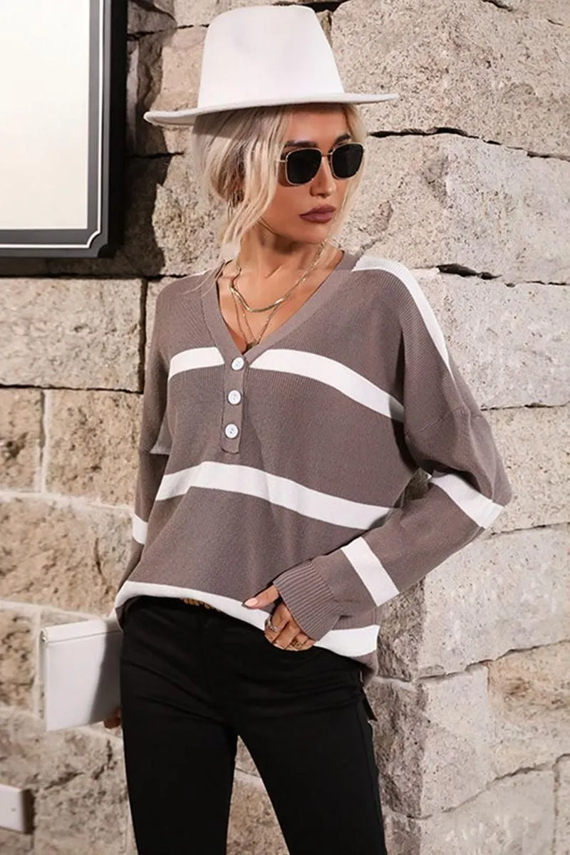 BUTTON NECK STRIPE CASUAL TOP