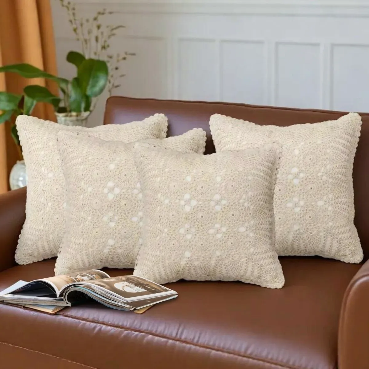 Crochet Cotton Cushion Cover In White | Set Of 1/2/4 | 16" x 16" | Handmade In India