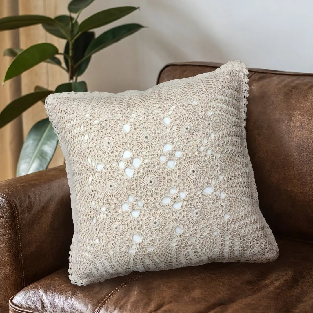 Crochet Cotton Cushion Cover In White | Set Of 1/2/4 | 16" x 16" | Handmade In India