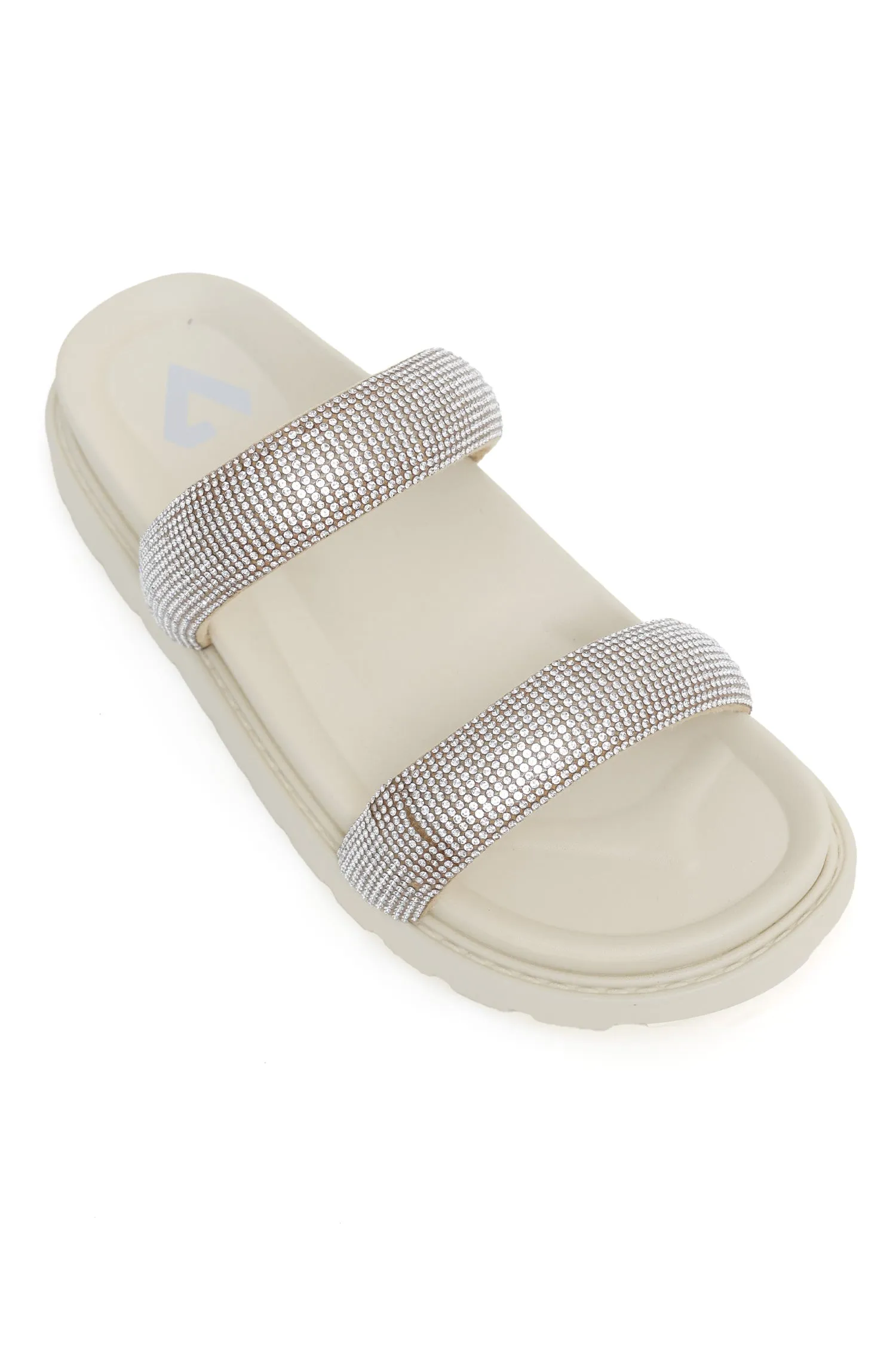 DIAMANTE STRAP SLIDES-BEIGE