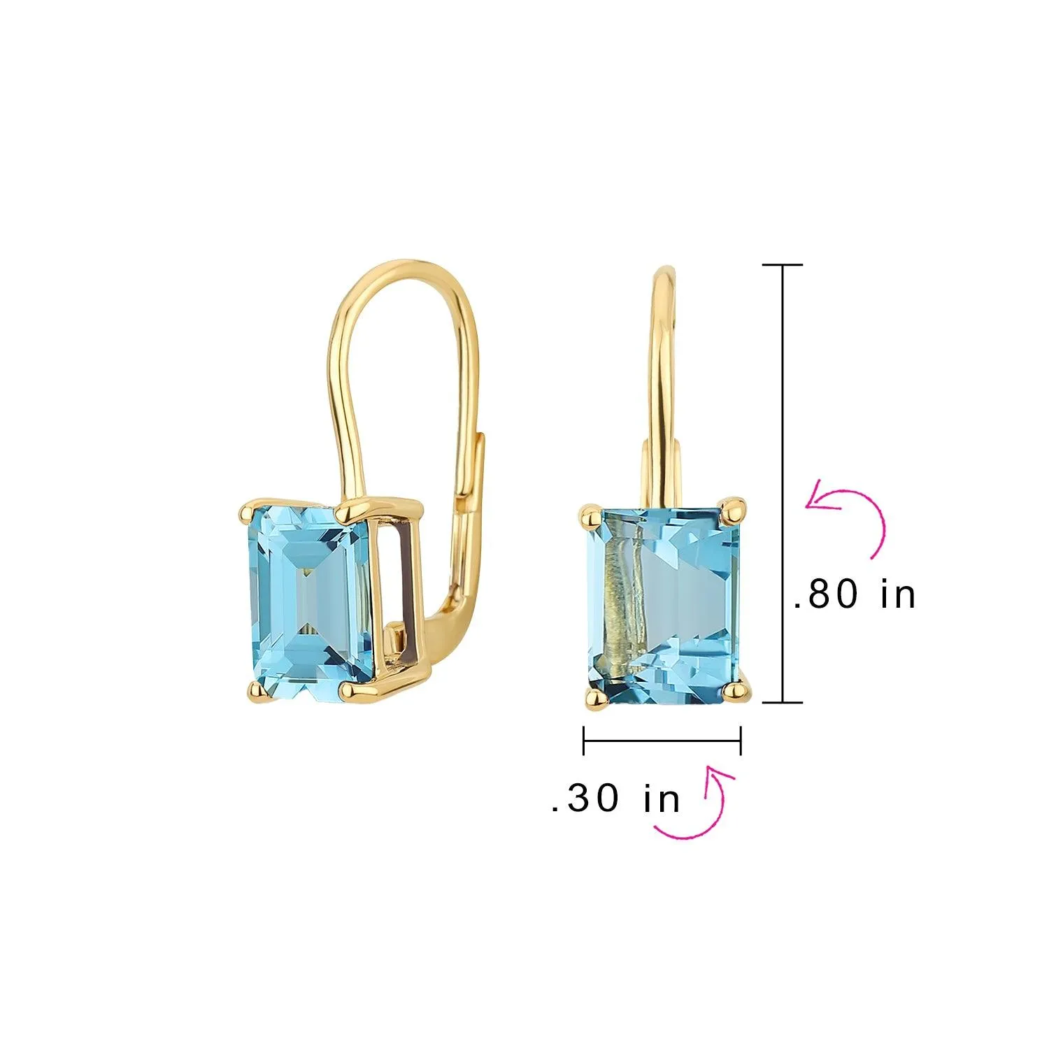 Genuine Gemstone 4.5 CT Emerald Cut Drop Earrings Gold Plated Sterling Silver