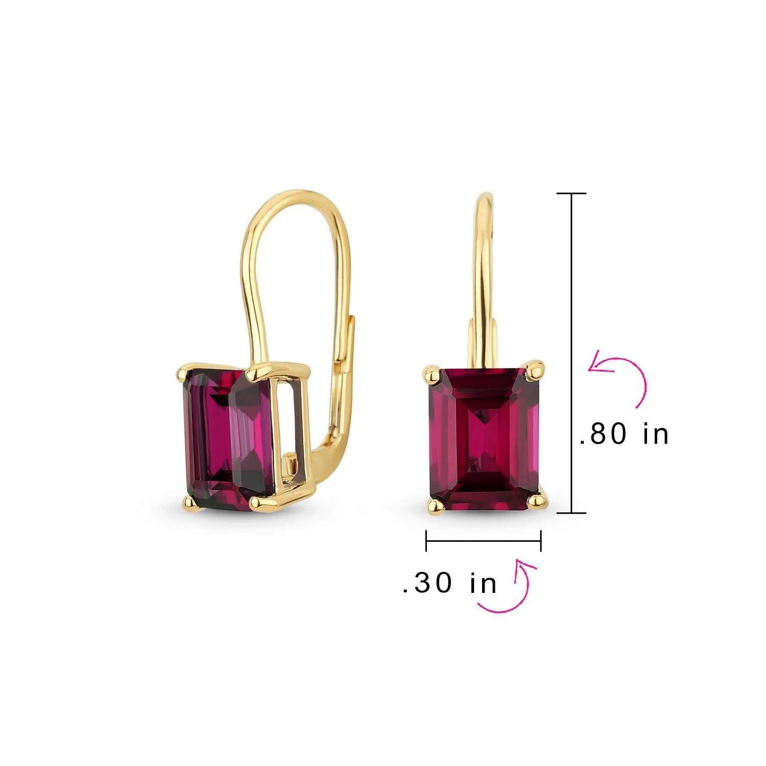 Genuine Gemstone 4.5 CT Emerald Cut Drop Earrings Gold Plated Sterling Silver