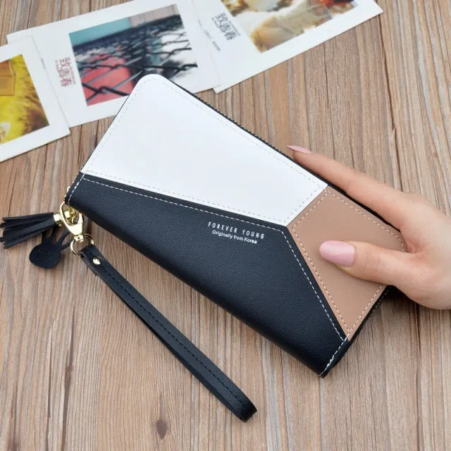 Geometric Luxury Brand Women Leather Wallets Long Zipper Tassel Design Coin Purses Clutch Female Patchwork Credit Card Holder